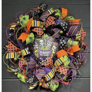 Handmade Halloween Skeleton Wreath – Bright Deco Mesh Door Decor